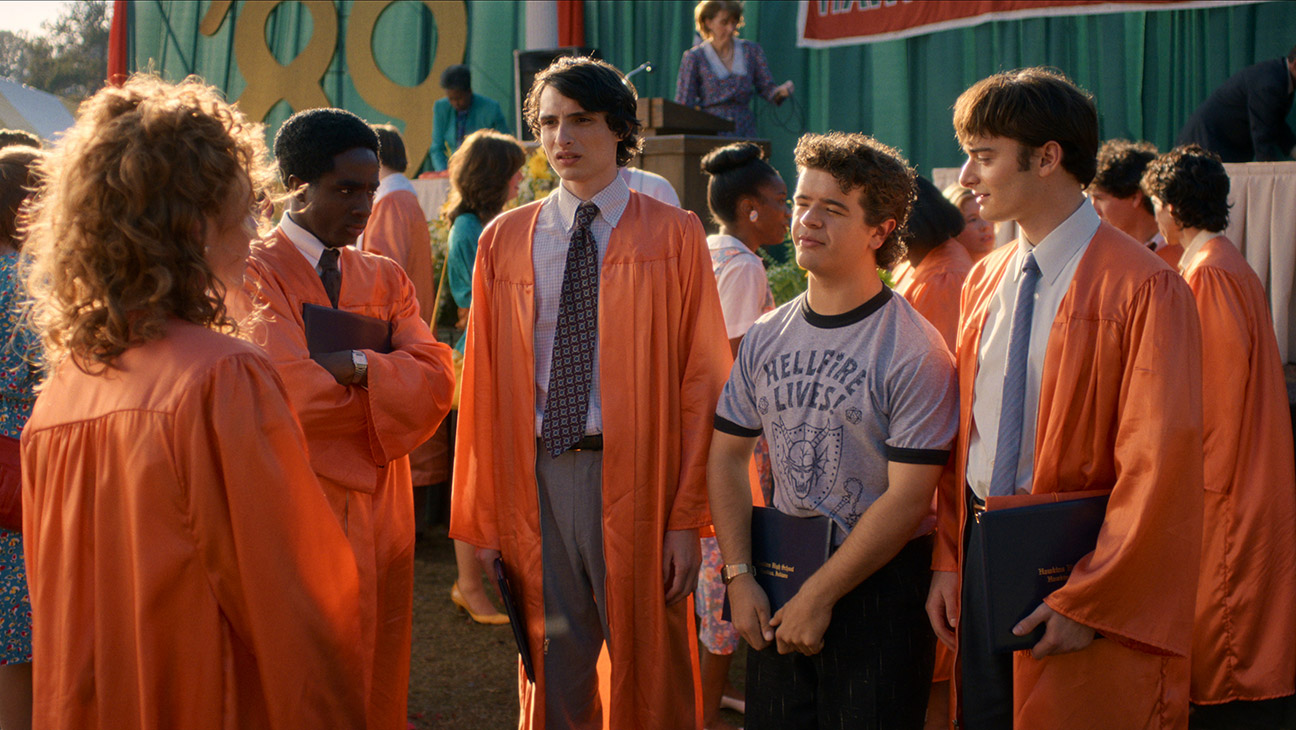 (L to R) Caleb McLaughlin as Lucas Sinclair, Finn Wolfhard as Mike Wheeler, Gaten Matarazzo as Dustin Henderson, and Noah Schnapp as Will Byers in Stranger Things: Season 5.