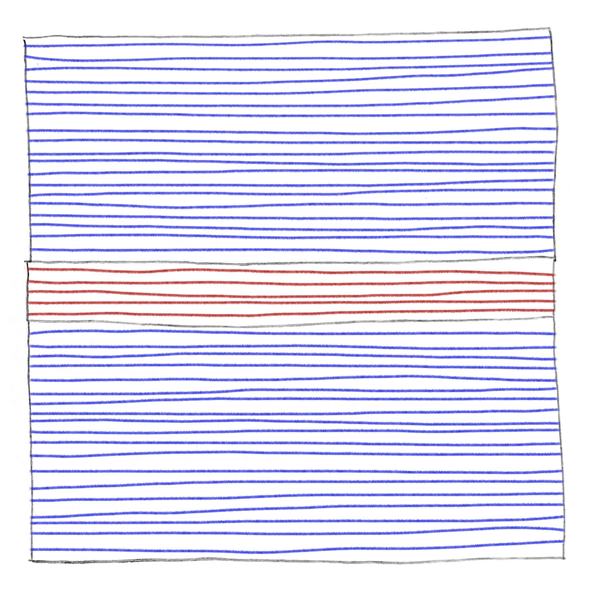 A drawing of a device with three layers has horizontal blue lines in the top and bottom layers and horizontal red lines in the middle layer.