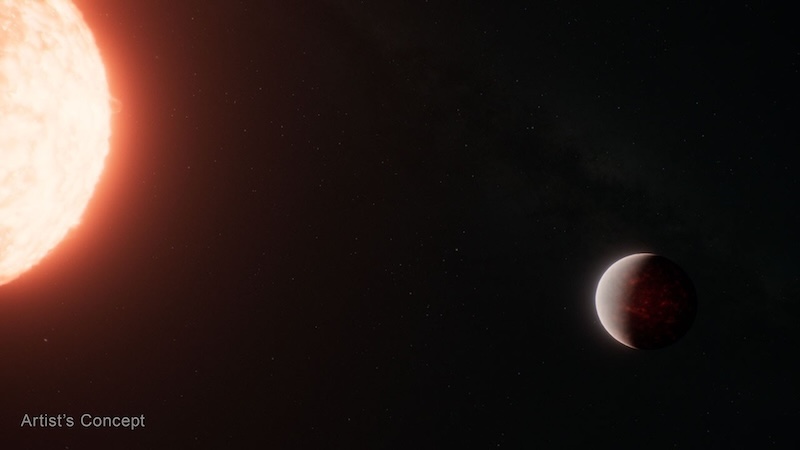 Atmosphere on lava planet: Brownish planet with lighter spots in its atmosphere with its bright whitish sun nearby.