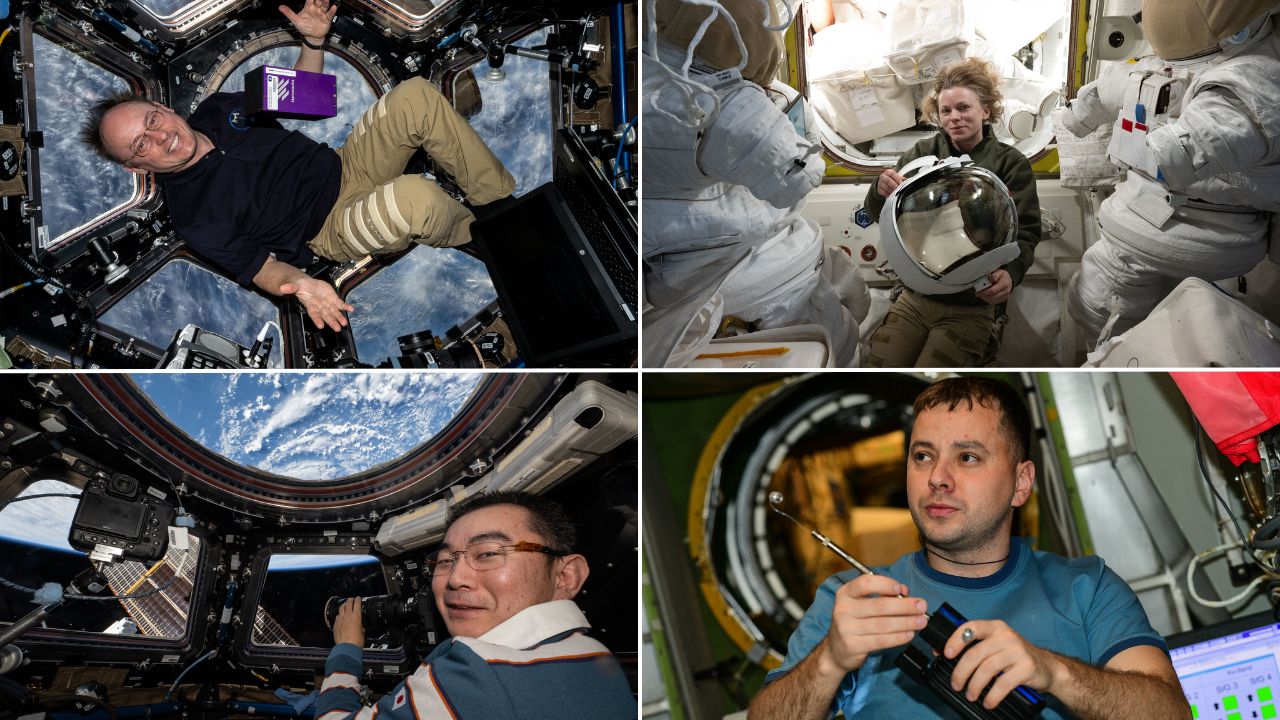 foiur-photo montage showing four different astronauts &mdash; three men and one woman &mdash; aboard the international space station