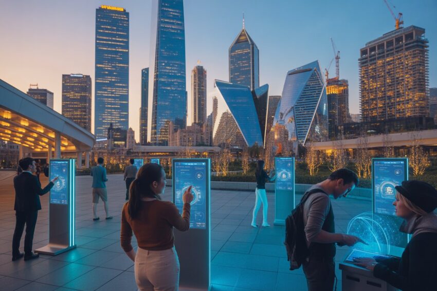 A dynamic, composite image showing a vibrant city skyline in the us, with new infrastructural developments, modern hotels, and tourists interacting with advanced digital signage in the foreground. The image should feel energetic and forward-thinking, highlighting the evolution of the travel sector with an emphasis on growth, innovation, and global tourism. The skyline should be illuminated, symbolizing the bright future of the travel industry.