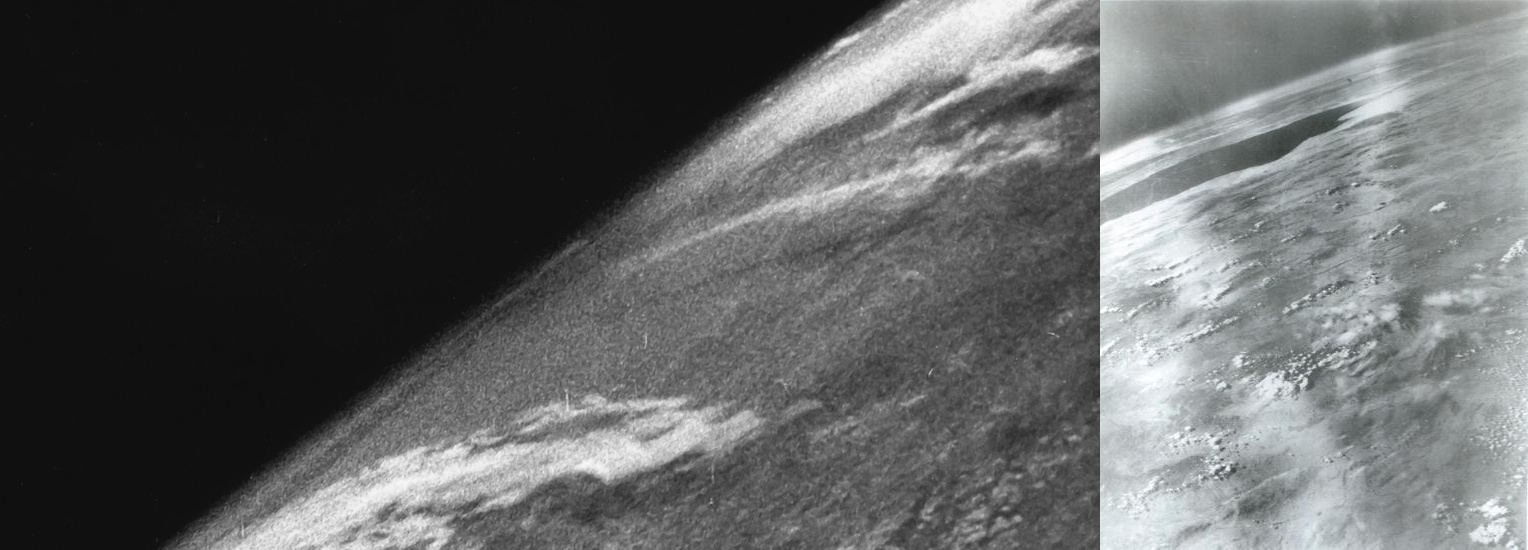 Black and white photograph showing the curvature of Earth from space, this image captures clouds over the surface and a large body of water on the right—offering a unique perspective on our planet and the change it inspires in humanity.