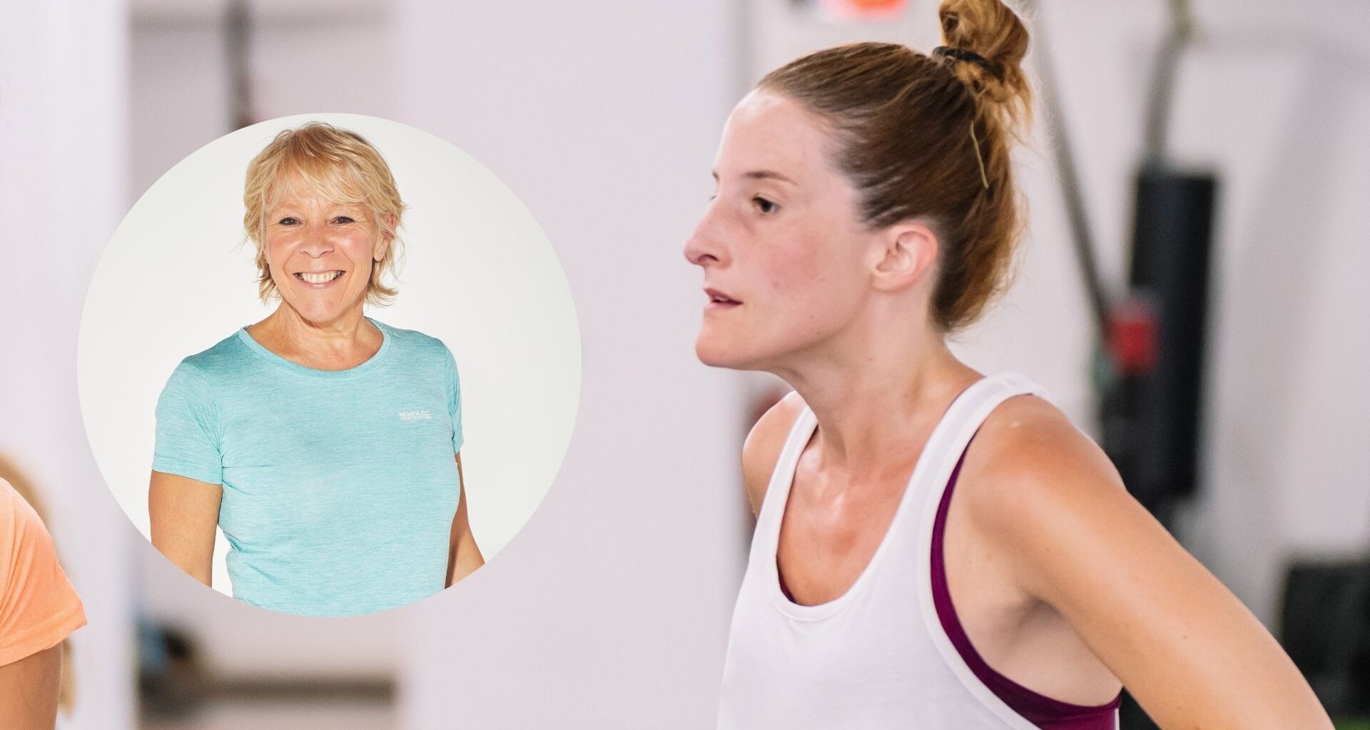 Annie Deadman and woman in gym stock photo composite image