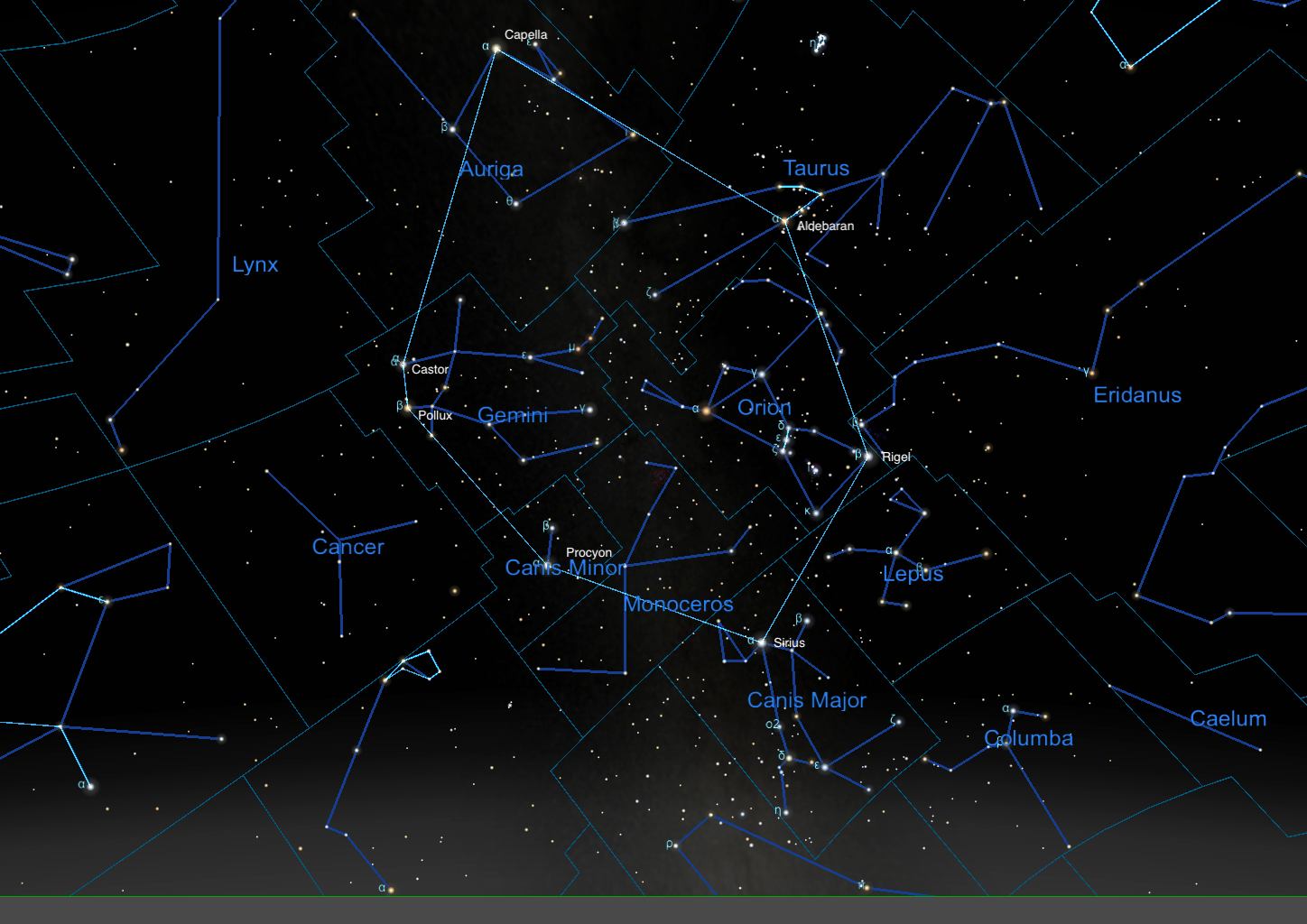 Star chart showing the Winter Hexagon