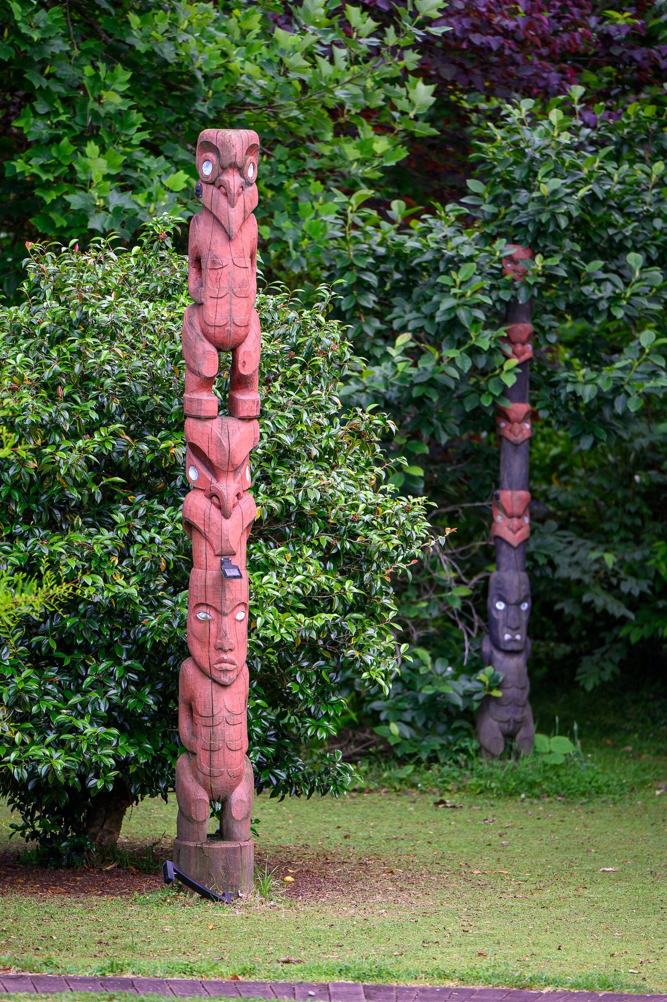  Two pou carved by Tauranga artist Whare Thompson installed on Jens Mueller's Pyes Pā property. Photo / David Hall