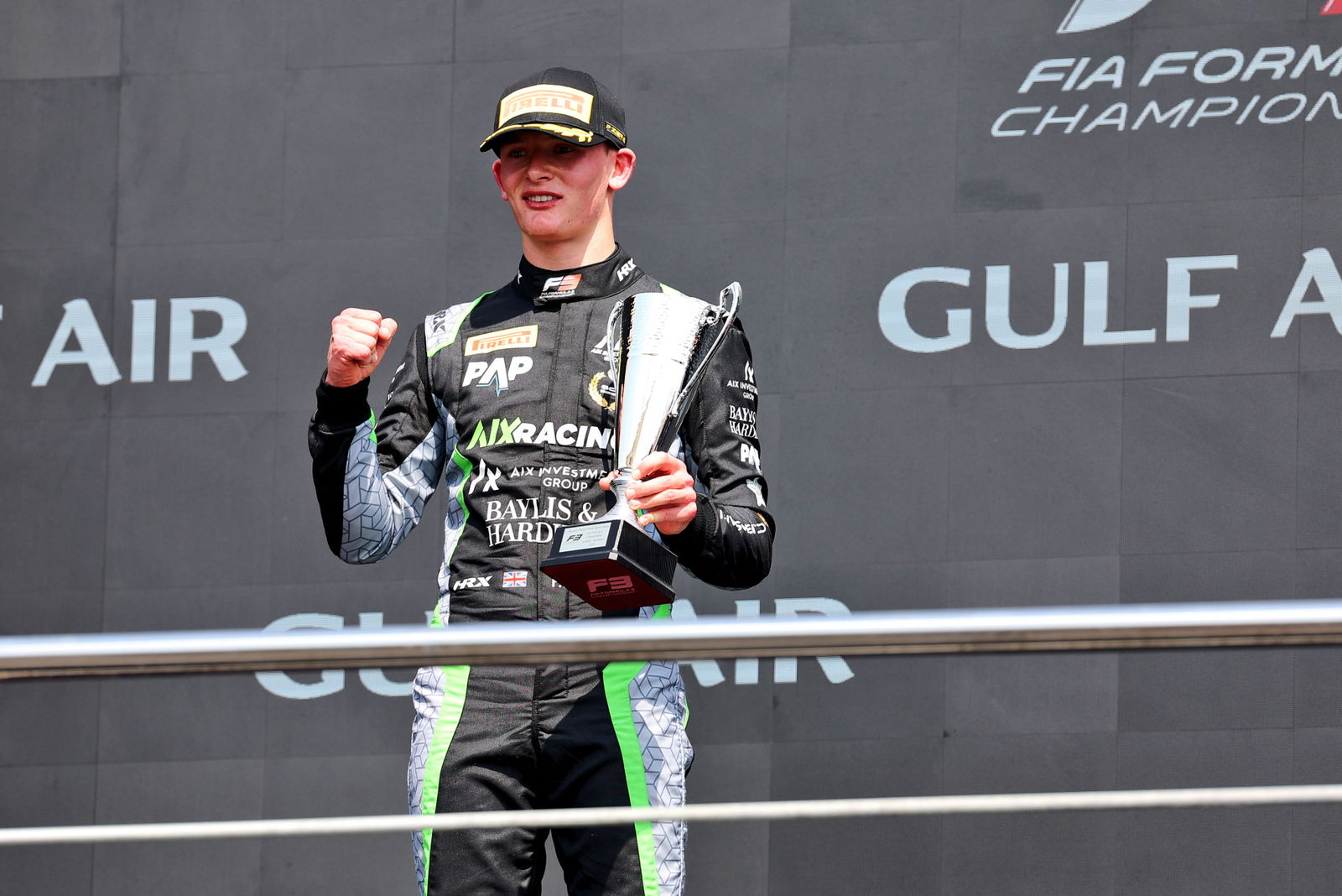 Freddie Slater on the FIA Formula 3 Championship podium with AIX Racing at Bahrain.