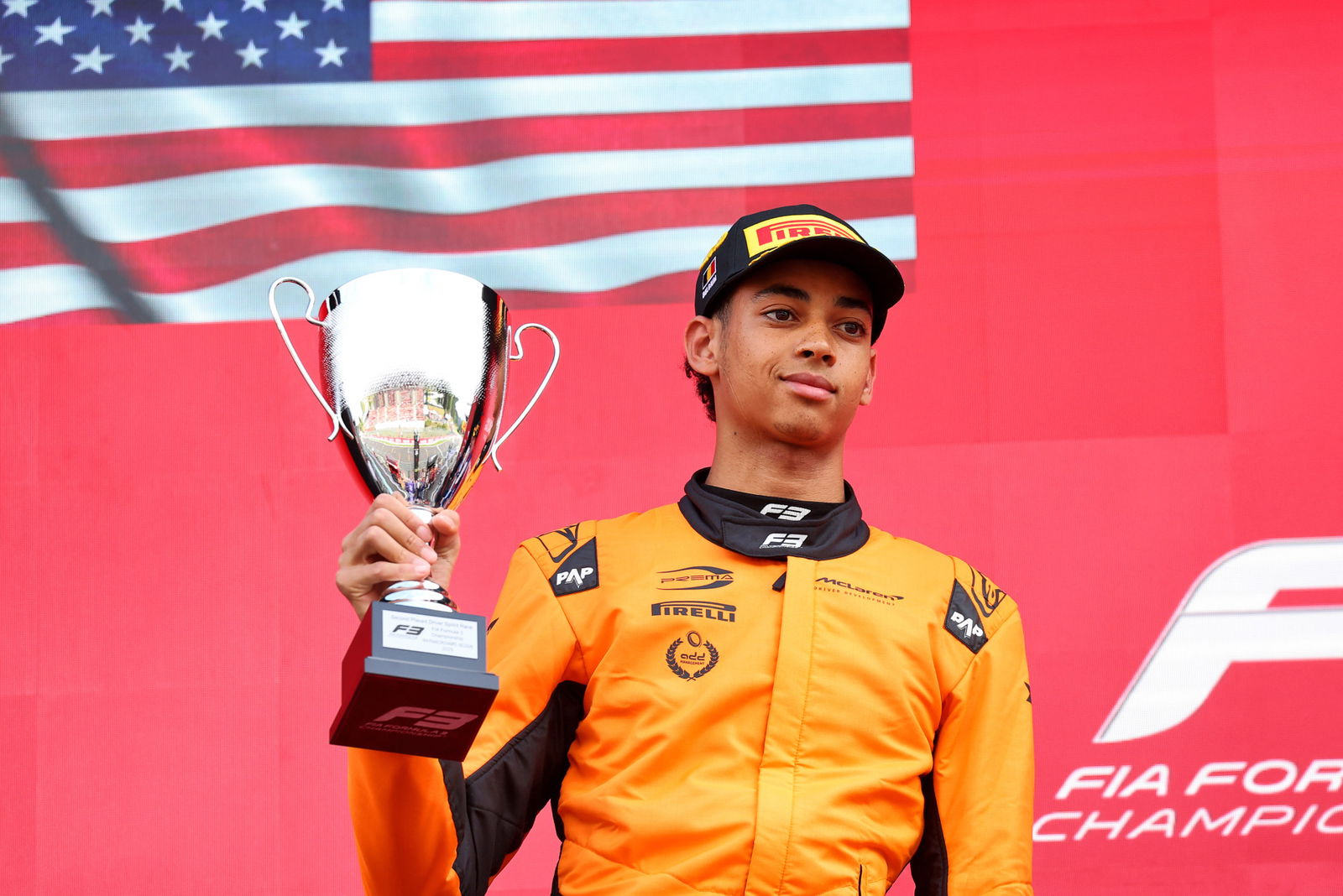 Ugo Ugochukwu on the FIA Formula 3 Championship podium at Spa-Francorchamps.