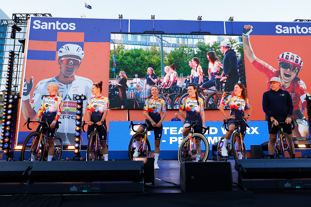 ADELAIDE, AUSTRALIA - JANUARY 16: A general view of Mikayla Harvey of New Zealand, Barbara Guarischi of Italy, Femke Gerritse of Netherlands, Marta Lach of Poland, Julia Kopecky of Czech Republic and Team SD Worx - Protime during the 26th Santos Tour Down Under 2026, Team Presentation on January 16, 2026 in Adelaide, Australia. (Photo by Con Chronis/Getty Images)