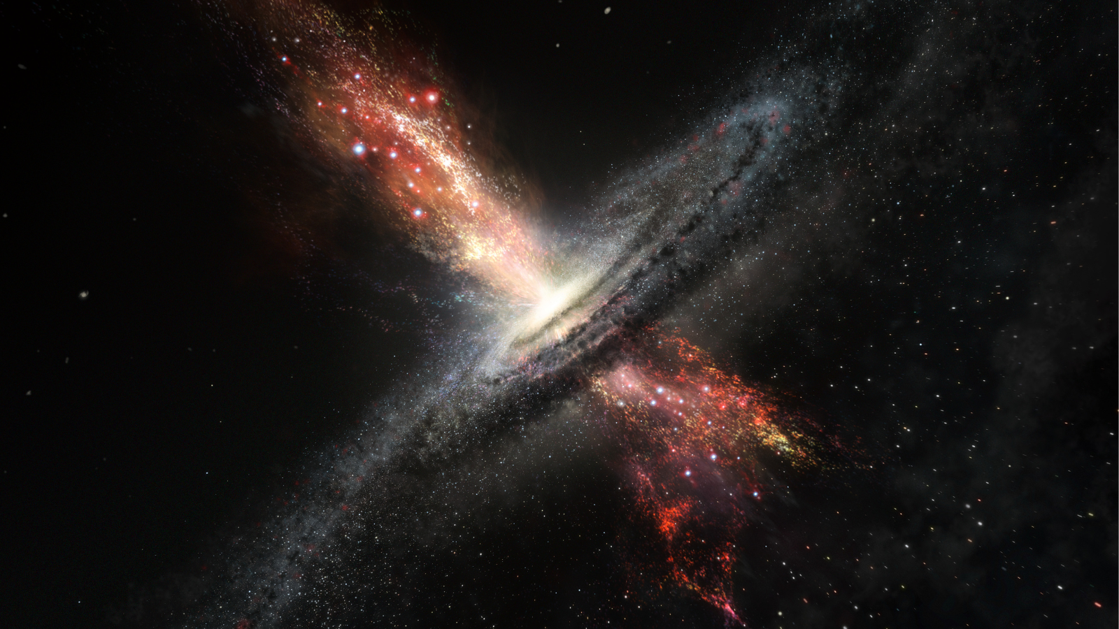 An illustration shows a black hole blowing out a powerful cosmic wind