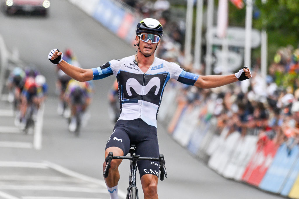Movistar Team rider Javier Romo Oliver from Spain reacts as he wins the men's stage 3 of the Tour Down Under cycling race in Adelaide on January 23, 2025. (Photo by Brenton Edwards / AFP) / -- IMAGE RESTRICTED TO EDITORIAL USE - STRICTLY NO COMMERCIAL USE --
