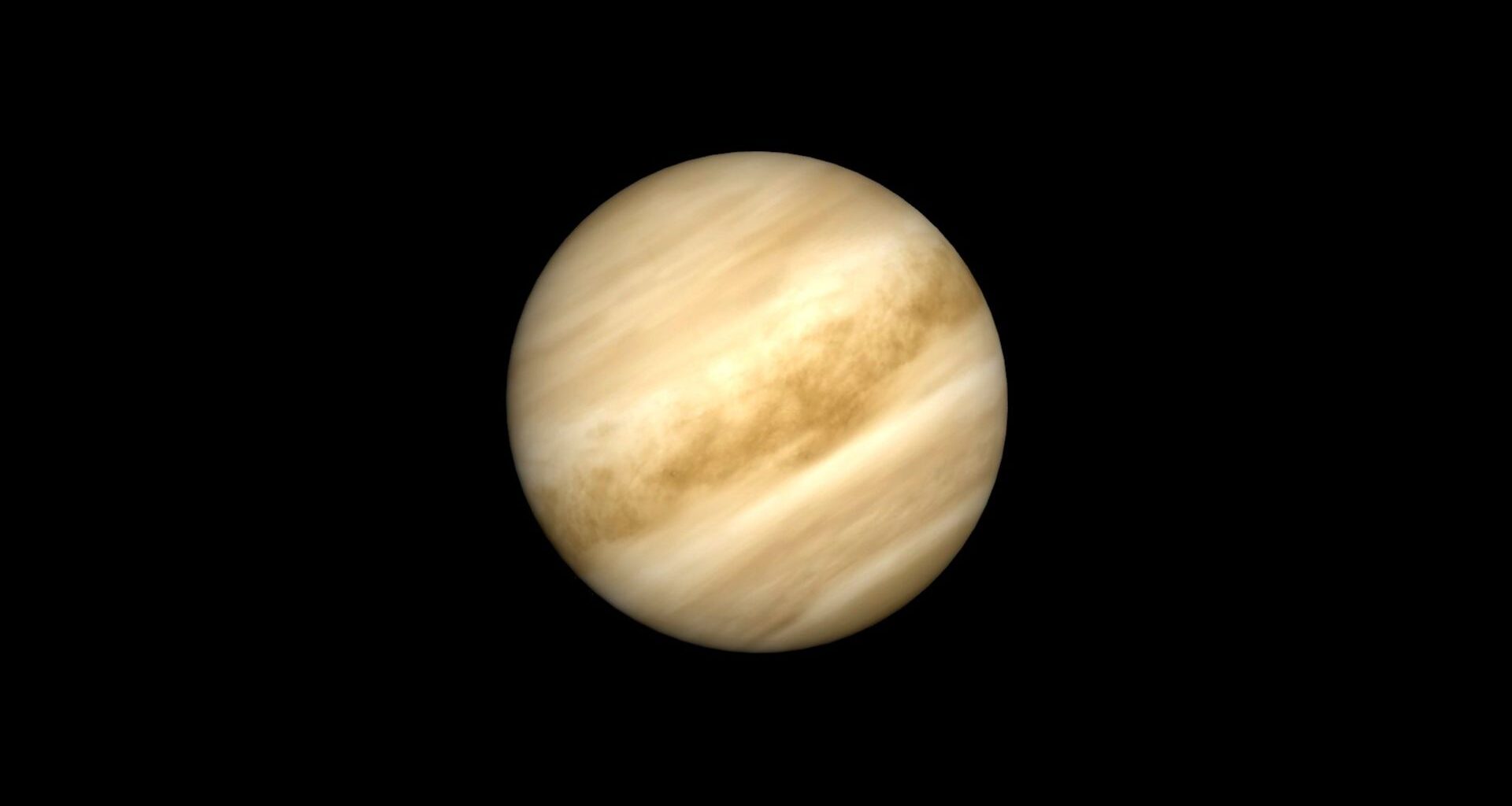 A close up of the planet Venus in the darkness of space, its yellow surface prominent