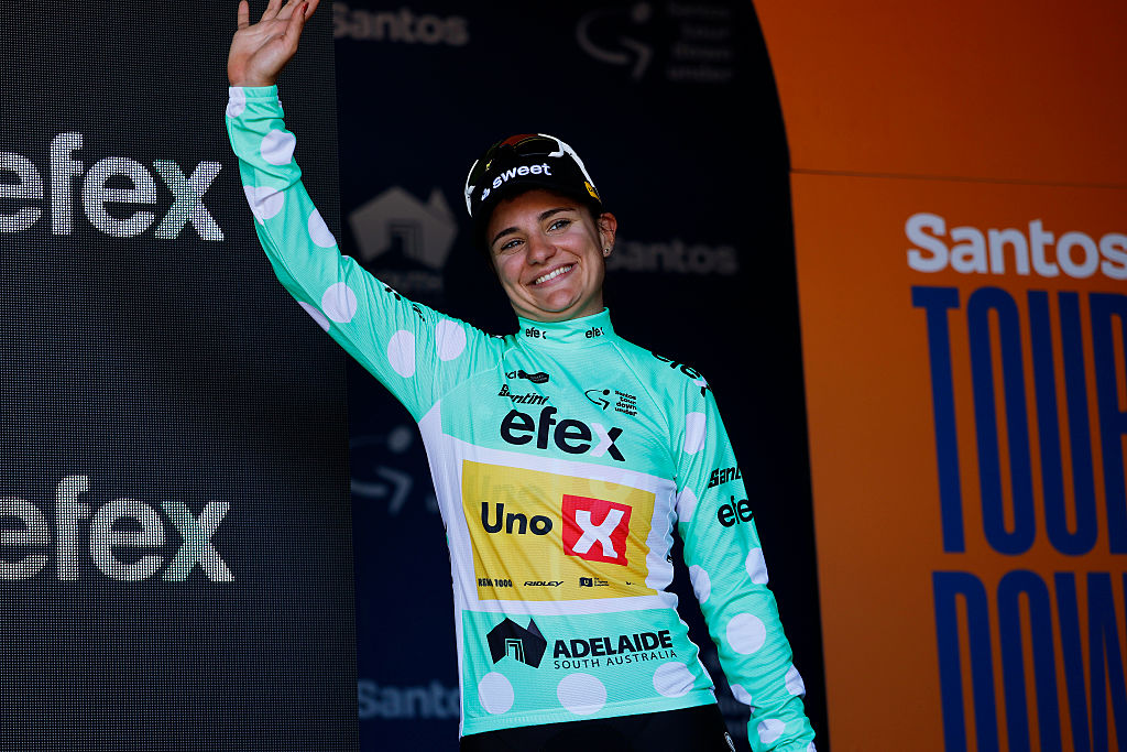 WILLUNGA, AUSTRALIA - JANUARY 17: Alessia Vigilia of Italy and Team Uno-X Mobility celebrates at podium as Polka Dot Mountain Jersey winner during the 10th Santos Women&amp;apos;s Tour Down Under 2026, Stage 1 a 137.4km stage from Willunga to Willunga 134m / #UCIWWT / on January 17, 2026 in Willunga, Australia. (Photo by Con Chronis/Getty Images)