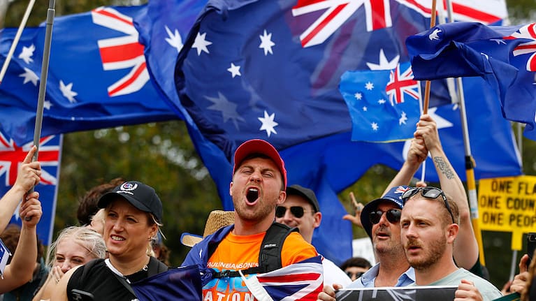A far-right activist shouts slogans during the rally in Sydney. 