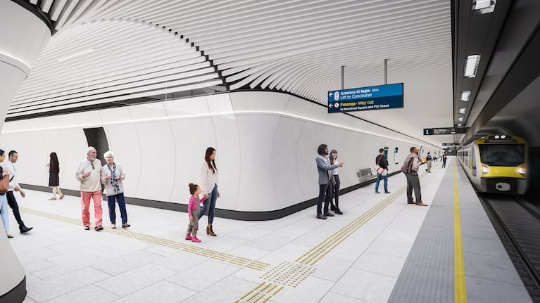 A render of a train platform at the future Karanga-a-Hape station.