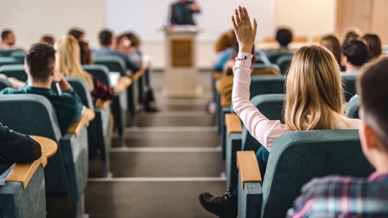 A woman raising her hand during a lecture at a university (file image).