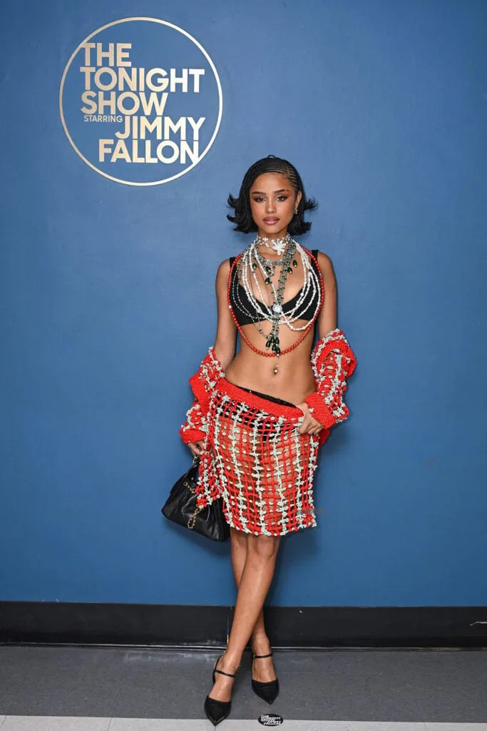 Tyla, Tyla Tonight Show, Tyla Chanel song, Tyla fashion, Tonight Show fashion, Tyla performance, celebrity TV style, spring 2026 fashion, jewellery layering, Tyla Pandora