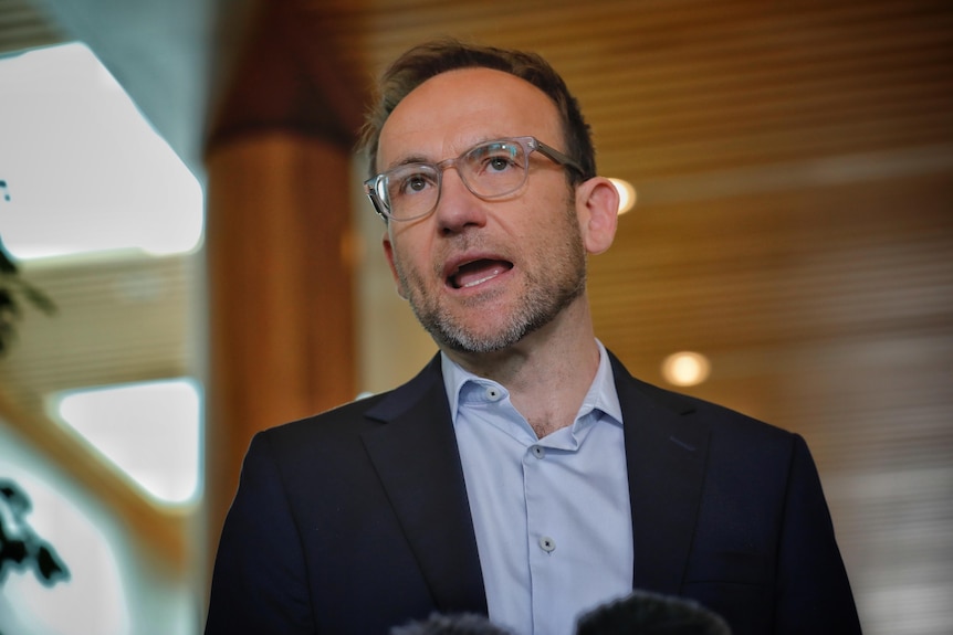 Green leader Adam Bandt speaking at a press conference. 