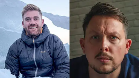 Michael Meighan Two photographs of two men edited side by side. Nathan (left) is pictured wearing a black puffer coat with a hood and smiles at the camera. He has brown hair, brown eyes and a brown beard. Snow can be seen on mountains behind him. Michael Meighan (right) looks blankly into a camera. He has blue eyes, a brown goatie beard and brown hair. He wears a navy t-shirt and white brick can be seen in the background. 