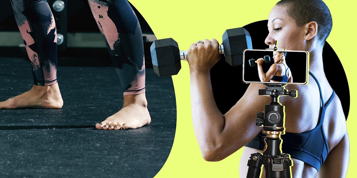 foot in athletic wear and person lifting dumbbell with phone on tripod