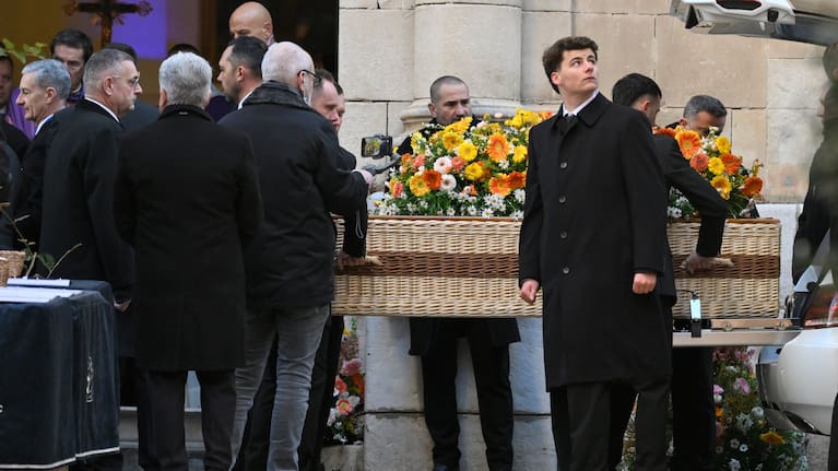 Actor Brigitte Bardot's coffin is carried outside Notre-Dame de l'Assomption church for her funeral ceremony.