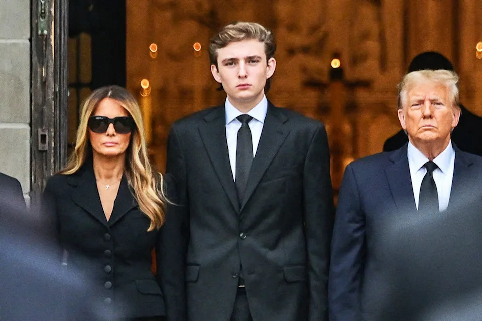 Melania Trump, Barron Trump and Donald Trump attend Amalija Knavs' funeral in January 2024. GIORGIO VIERA/AFP via Getty