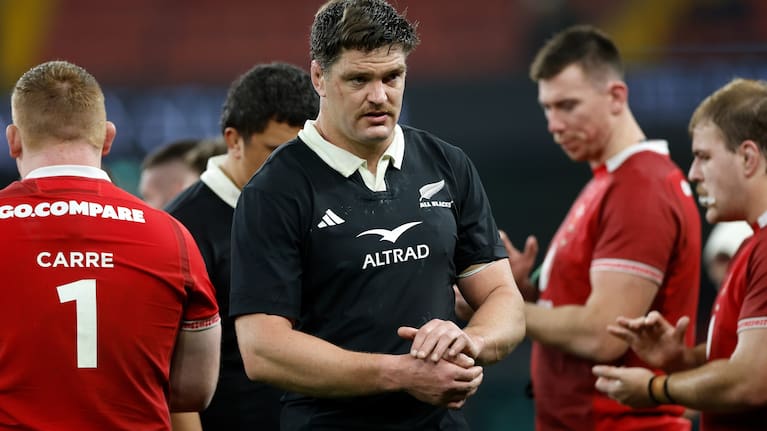 All Blacks captain Scott Barrett leads his team off the pitch after their victory over Wales in Cardiff in November.
