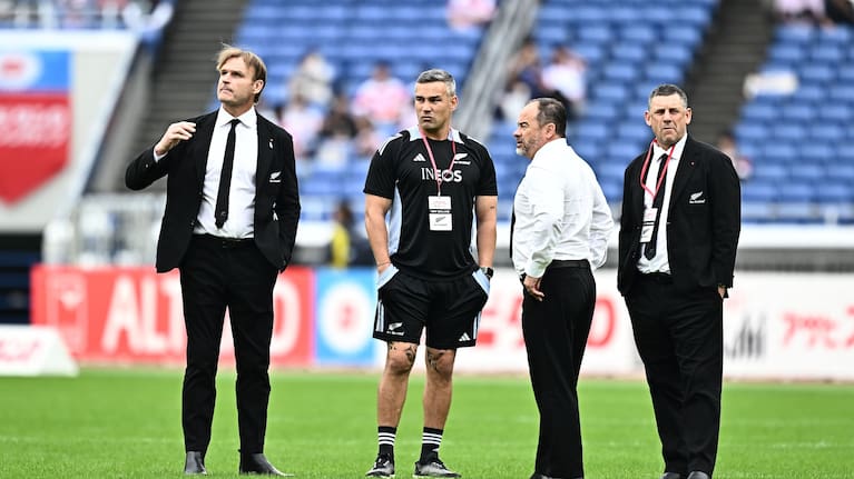 All Blacks coaches Scott Robertson, left, Tamati Ellison, Scott Hansen and Jason Holland, pictured before a Test against Japan in Yokohama in 2024.