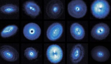 Montage of ALMA observations showing warped, tilted protoplanetary discs traced by carbon monoxide gas around young stars.