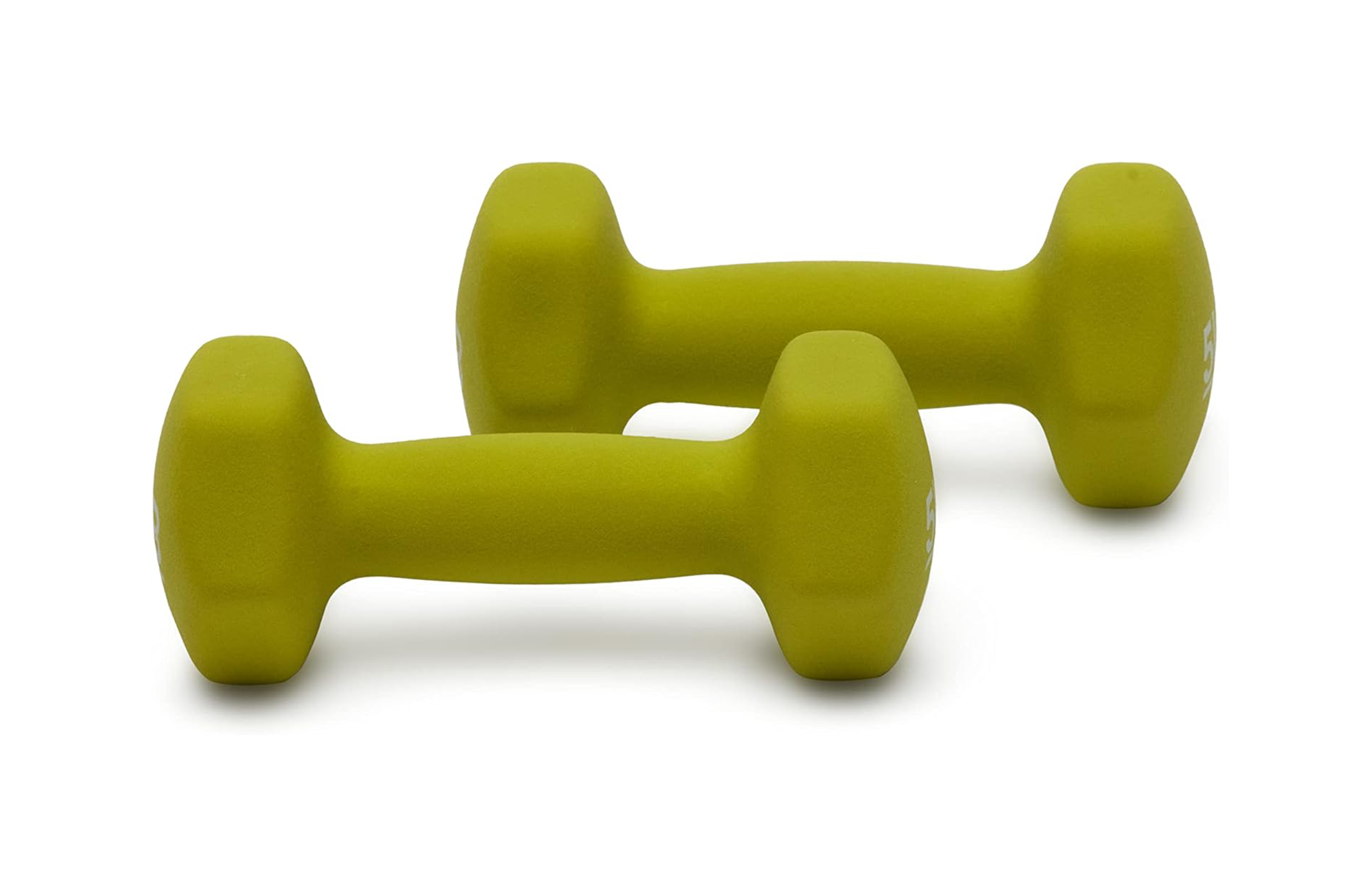 Two green 5-pound dumbbells.