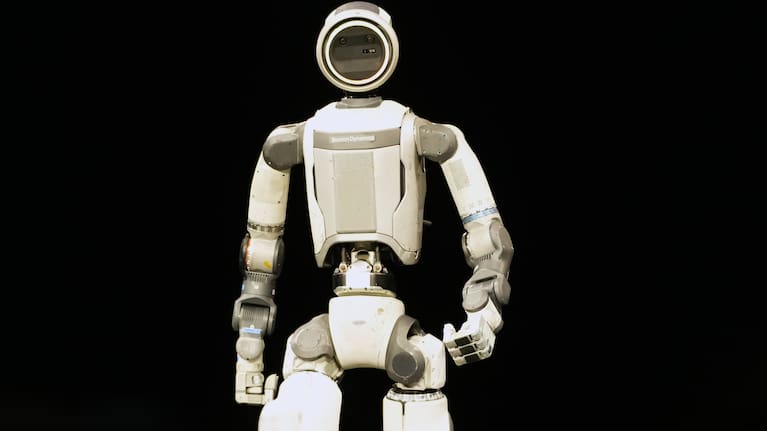 An Atlas robot stands on the stage during a Hyundai and Boston Dynamics news conference ahead of the CES tech show.