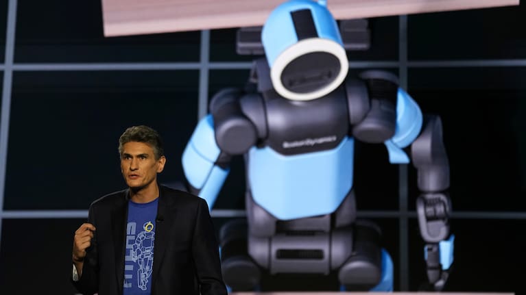 An Atlas robot stands on the stage during a Hyundai and Boston Dynamics news conference ahead of the CES tech show.