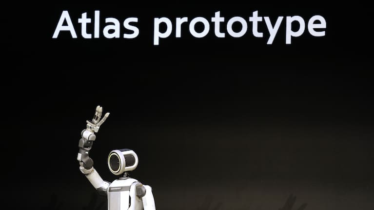An Atlas robot stands on the stage during a Hyundai and Boston Dynamics news conference ahead of the CES tech show.
