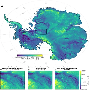 IFPA subglacial topography for the whole Antarctic continent and (B to D) show a comparison of different bed topography maps for the Pensacola-Pole Basin region. Credit: Science journal