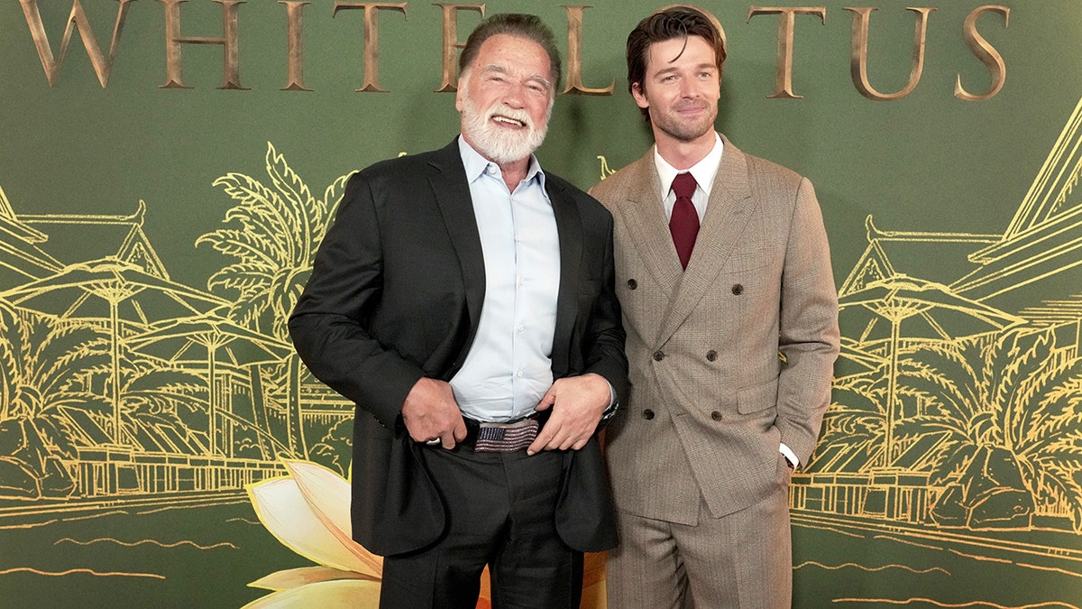 Arnold Schwarzenegger and Patrick Schwarzenegger at the Los Angeles premiere of "The White Lotus" in February 2025.