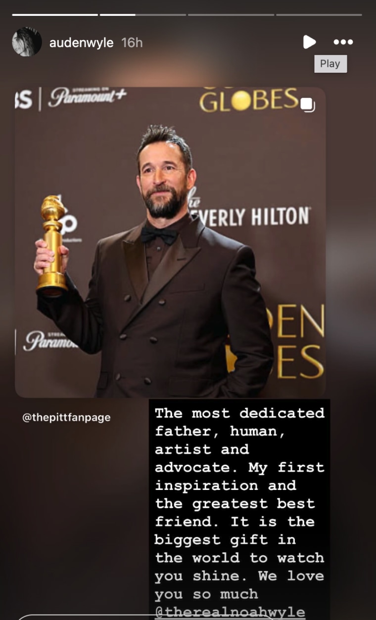 Auden Wyle celebrates her father, Noah Wyle's, Golden Globe win.