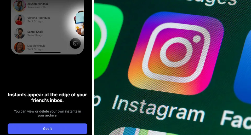 Left: The Instants feature on a phone screen. Right: The Instagram app logo on a phone.