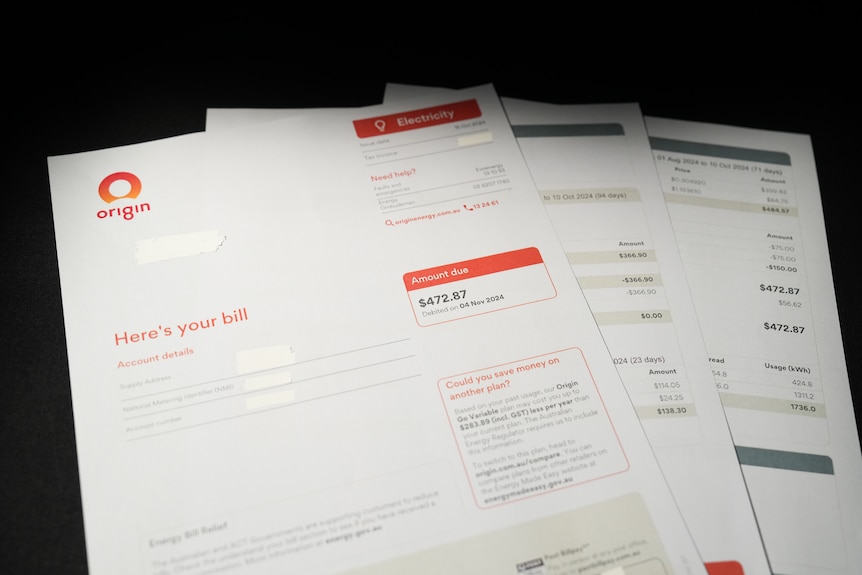 Three A4 pages showing different energy bills and amounts owing.