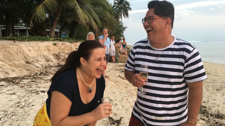 Barbara Dreaver in Rarotonga with bestie Mareko Boyd
