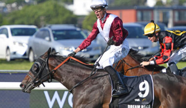 Dream Roca winning the TAB Karaka Millions 2YO (1200m) at Ellerslie on Saturday. Photo: Megan Liefting (Race Images)