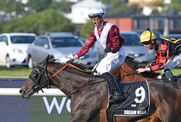 Dream Roca winning the TAB Karaka Millions 2YO (1200m) at Ellerslie on Saturday. Photo: Megan Liefting (Race Images)