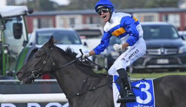 Expat Kiwi jockey Logan Bates is jubilant after recording his first Group One victory aboard Jigsaw in the Sistema Railway at Ellerslie on Saturday.  Photo: Megan Liefting (Race Images)