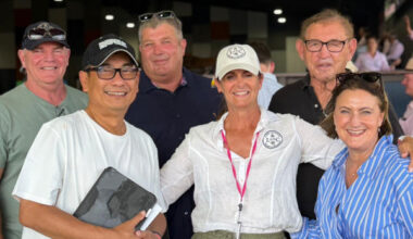 Dave Healey, Jayven See, Jo Griffin & Sue Healey with the successful buyers of Lot 139 (Snitzel - California Gallant colt) - Ron Wanless and Kevin ‘Millie’ Walls of KPW Bloodstock image supplied