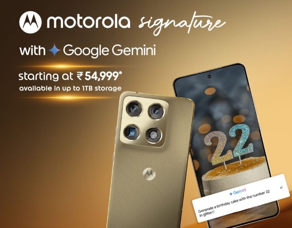 Promotional image for Motorola Signature smartphone. Two phones shown one with back camera setup and Motorola logo the other with screen displaying a birthday cake image made with Google Gemini. Text says Motorola Signature with Google Gemini starting at 54999 rupees available in up to 1TB storage. Background is warm brown gradient