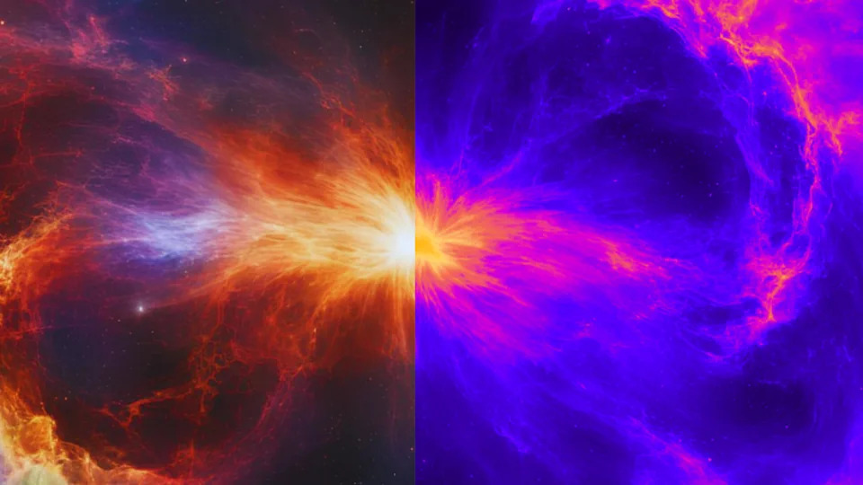  An illustration shows the universe expanding during cosmic dawn with its flip side the dark universe dominated by dark photons and dark matter also evolves. 