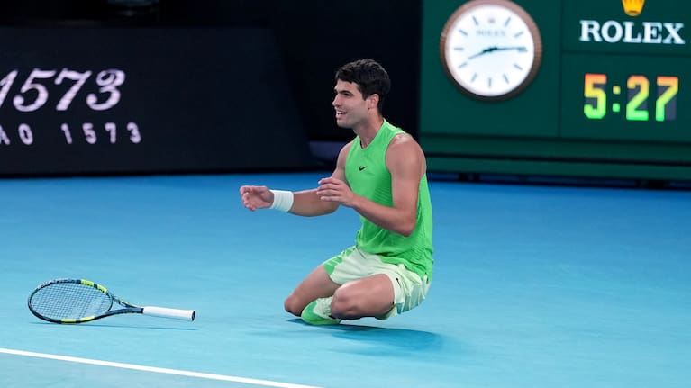 Carlos Alcaraz of Spain celebrates after defeating Alexander Zverev of Germany in their semifinal match at the Australian Open tennis championship in Melbourne, Australia, Friday
