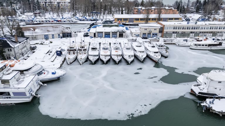 ce builds up at a pier of Lake Balaton at Siofok, Hungary.