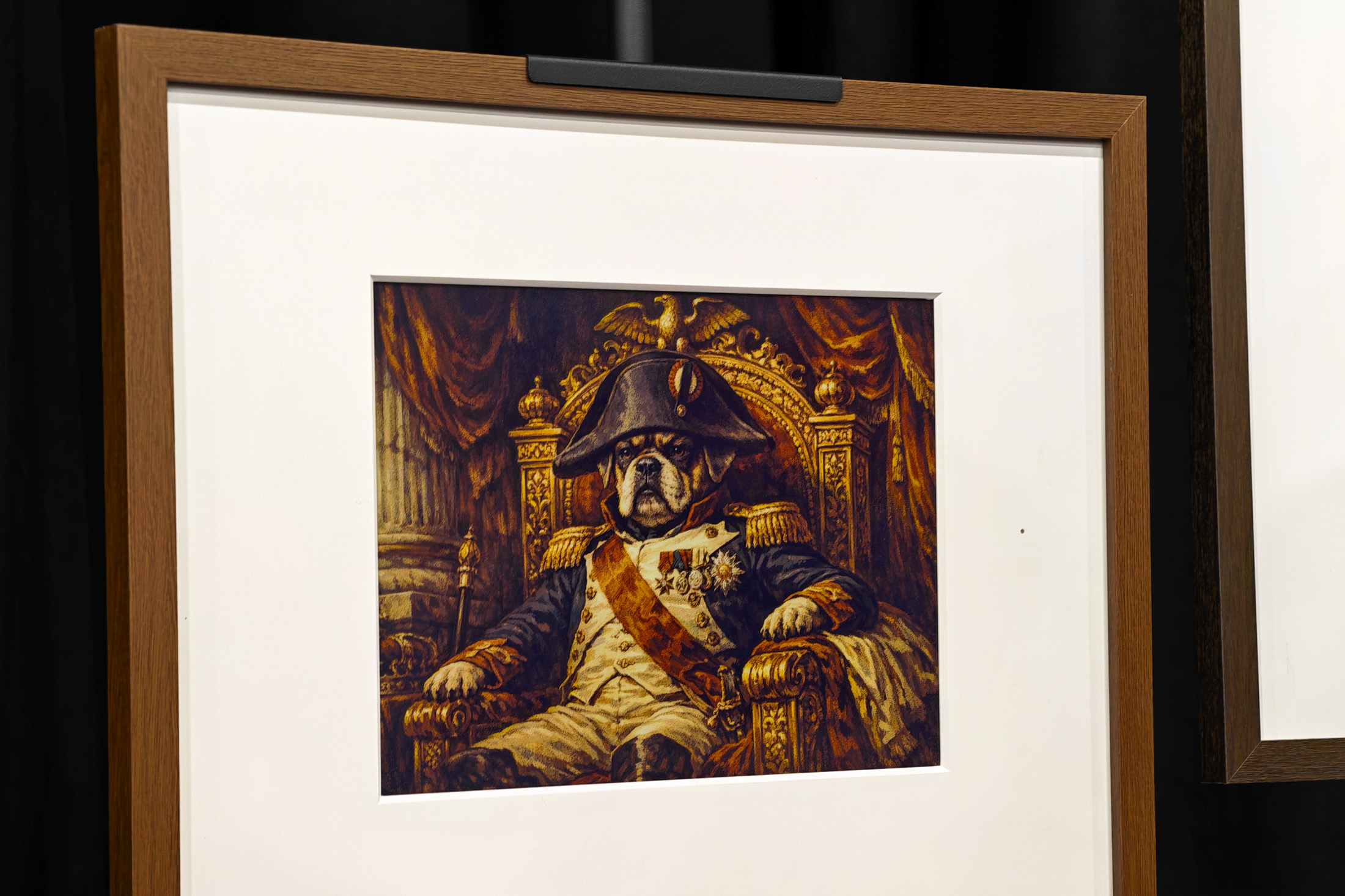 AI-generated art of a bulldog wearing 18th-ish-century military garb and seated on a golden throne, in the style of an old oil painting.