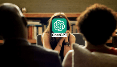 A woman sits with her face in her hands, feeling stressed, while two people sit across from her. The woman’s face is covered by a ChatGPT logo. Bookshelves are visible in the background.