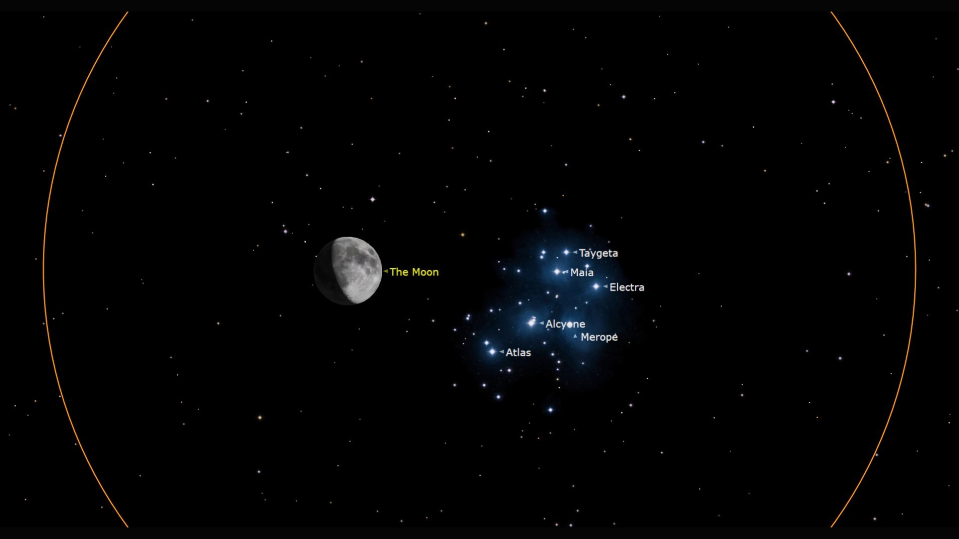 A map of the night sky showing a half full moon and a glowing series of blue dots showing the Pleaides star cluster, all in an orange circle