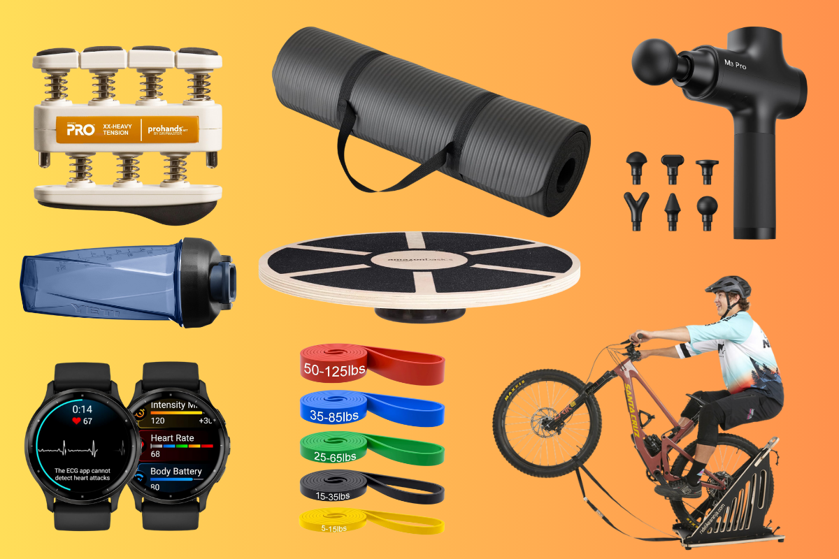 A collage of fitness and wellness products on an orange gradient background. Items include a hand grip strengthener, a water bottle, a balance board, a yoga mat, resistance bands in various weights, two smartwatches displaying fitness metrics, and a massage gun with multiple attachments. Additionally, a person cycling on an exercise bike is featured, demonstrating an active lifestyle.